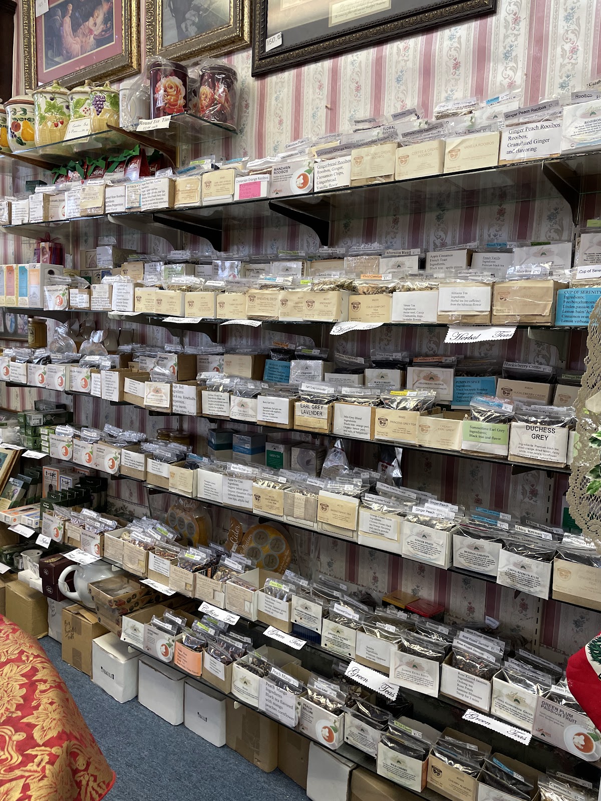 Shelves of packaged teas and tea goods in the shop
